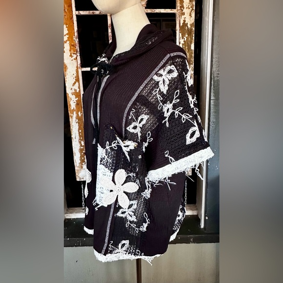 POL Mixed Lace Patchwork Hoodie Top Black Boho Oversized Size Small - Picture 9 of 12